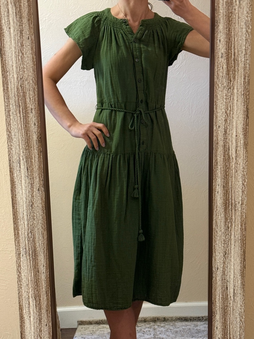 Women Green Button-Front Cotton Midi Dress with Tie Waist Very Light Size 0-2